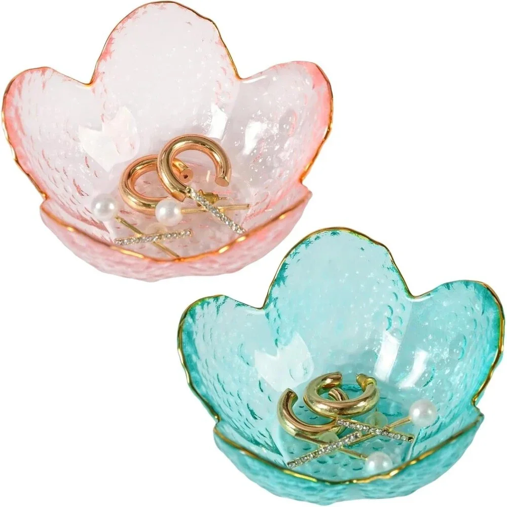 Glass Ring Dish Set of 2 Pink Green Jewelry Trinket Holder Gift for Women Plate